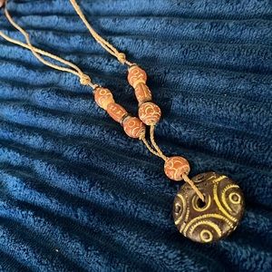 Clay bead ethnic Y necklace on hemp cord etched adjustable knots for length NEW